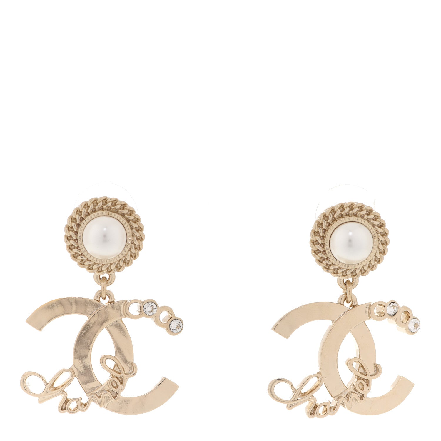 Chanel Metal Pearl Crystal Coco Script CC Drop Earrings Gold 1 of 5