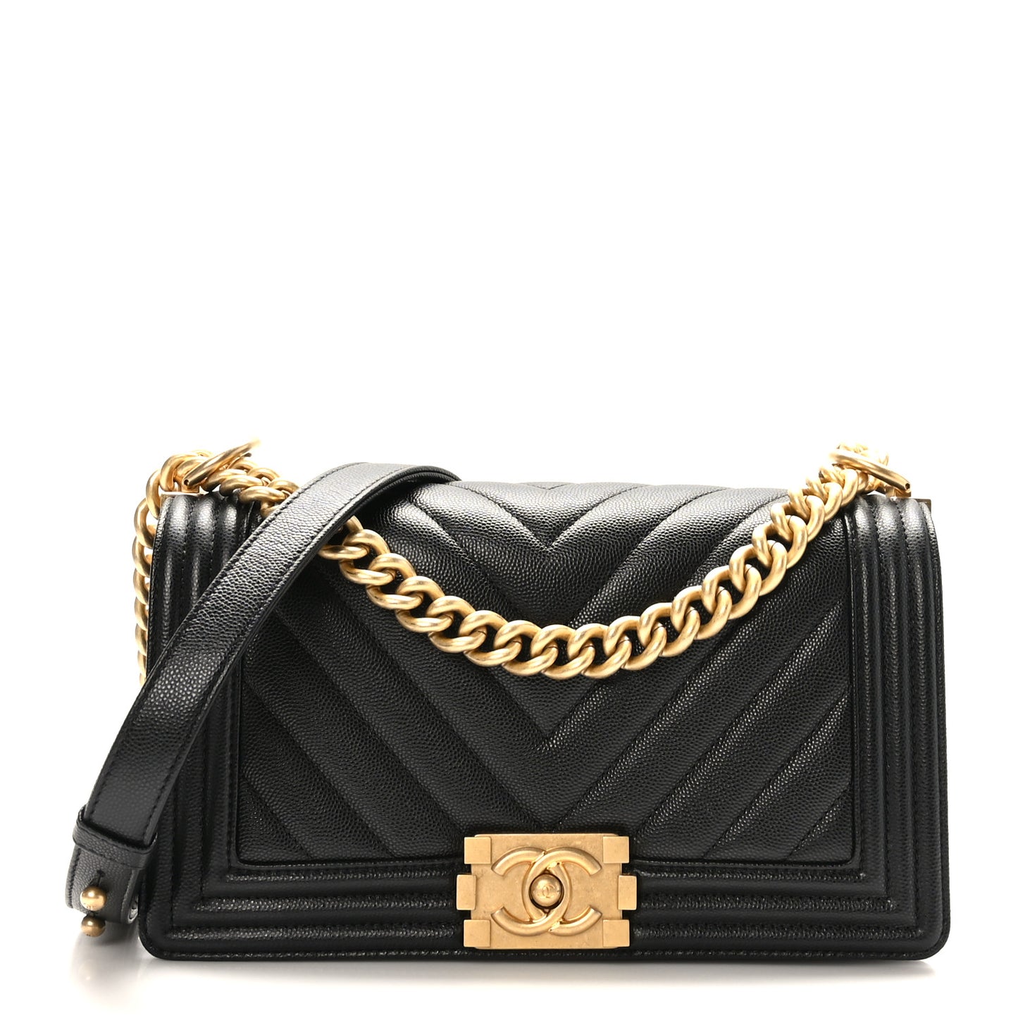 Caviar Chevron Quilted Medium Boy Flap Black