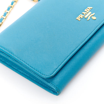 Prada Saffiano Metal Oro Chain Wallet Celeste 10 of 12