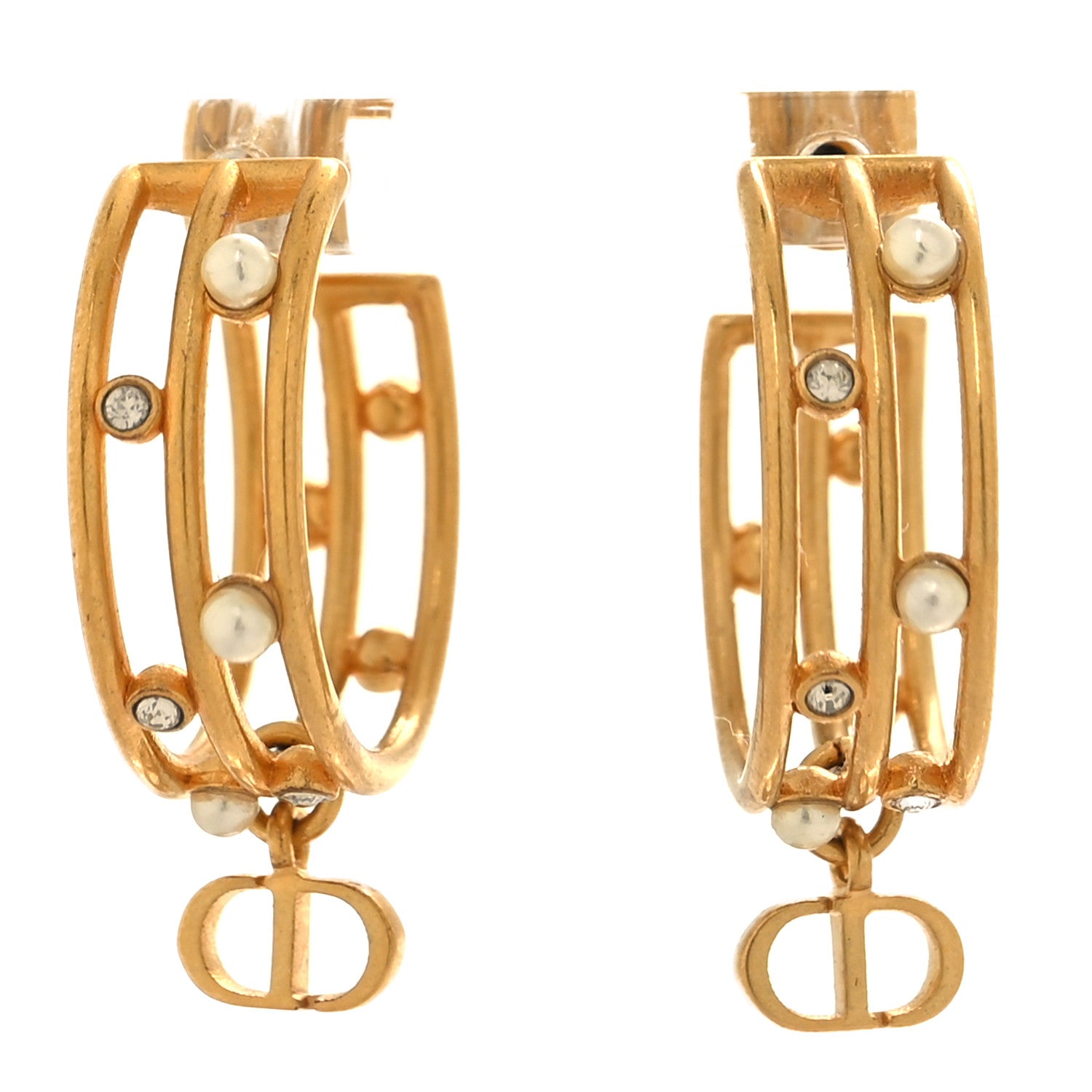 Christian Dior Pearl Crystal CD Hoop Earrings Gold 1 of 8