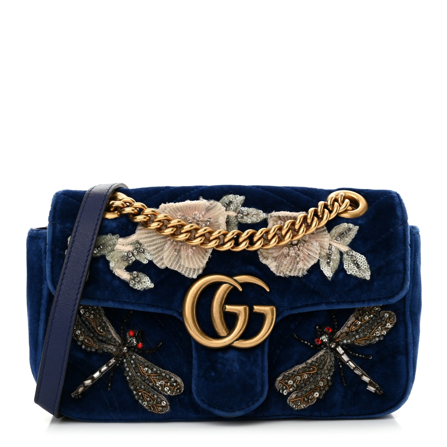 Velvet Matelasse Embroidered Mini GG Marmont Shoulder Bag Cobalt Blue