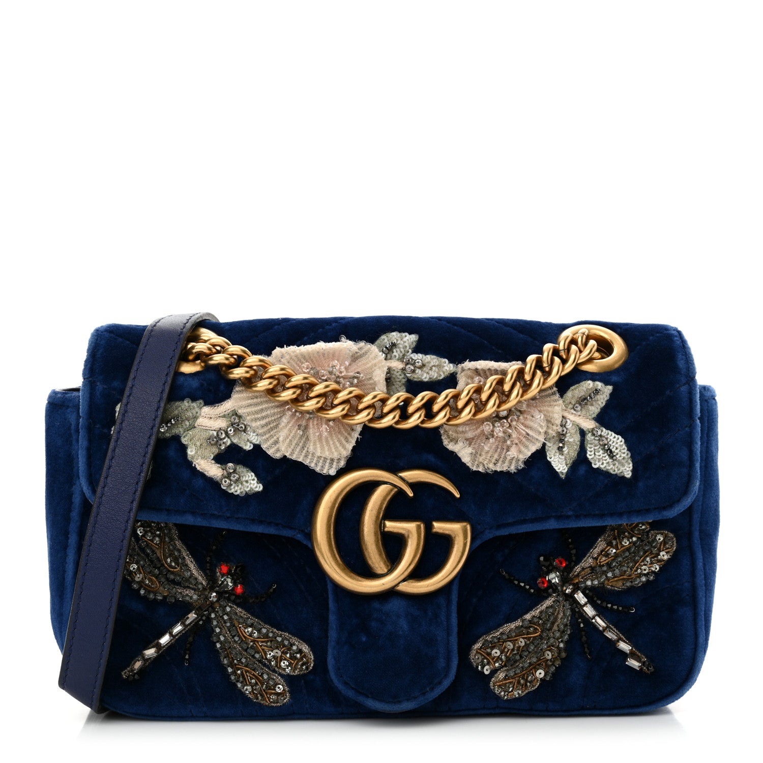 Gucci Velvet Matelasse Embroidered Mini GG Marmont Shoulder Bag Cobalt Blue 1 of 13