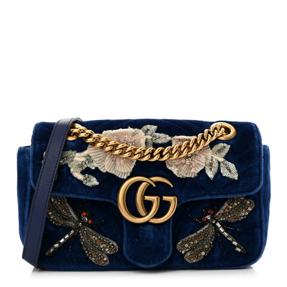 Gucci Velvet Matelasse Embroidered Mini GG Marmont Shoulder Bag Cobalt Blue 1 of 13