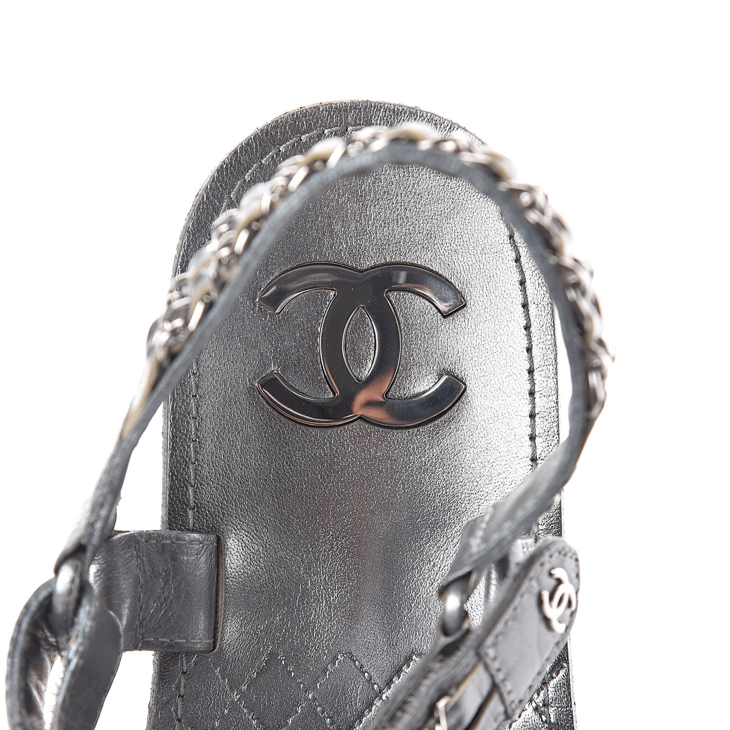 Metallic Lambskin Chain Sandals 40 Silver