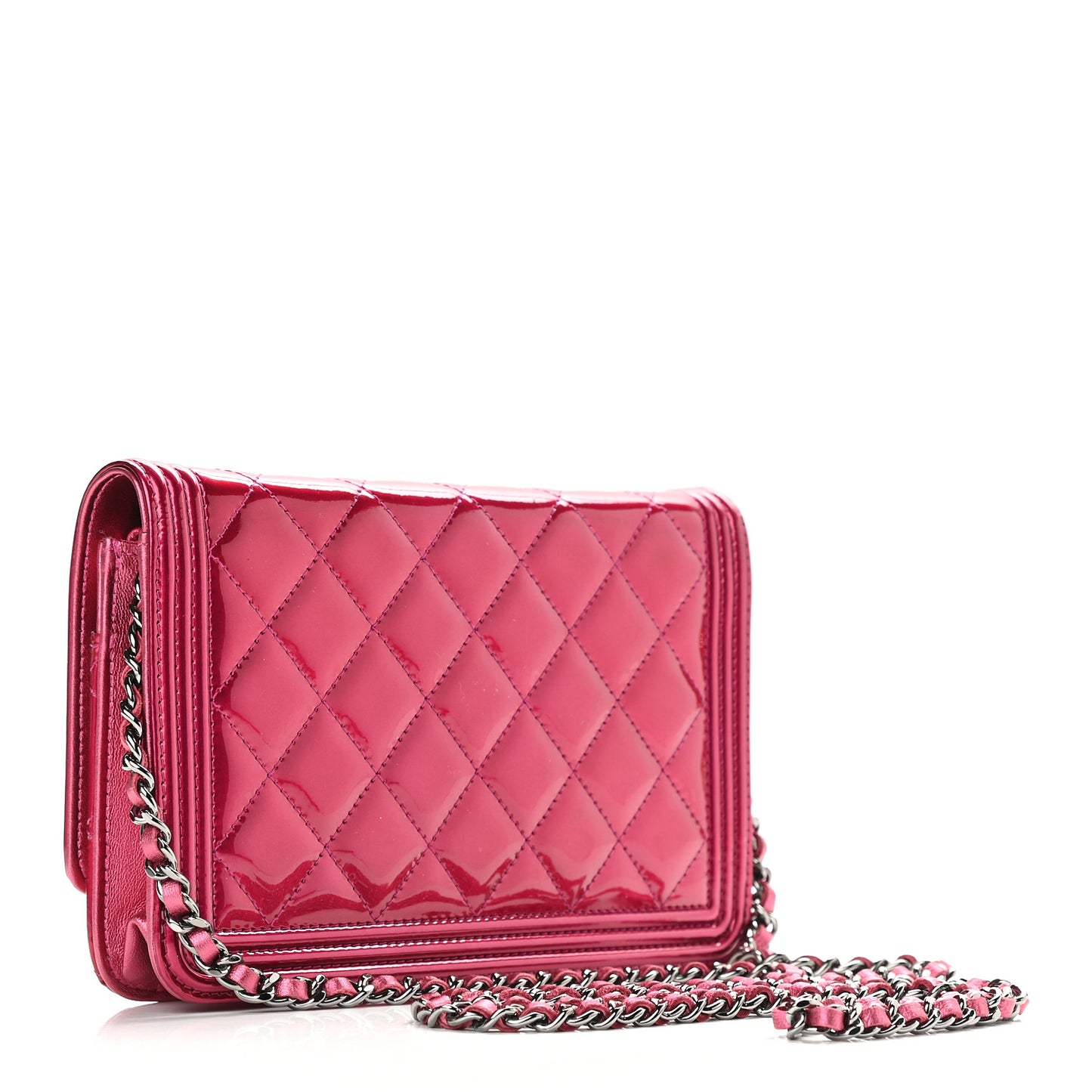 Metallic Patent Calfskin Quilted Boy Wallet On Chain WOC Fuchsia