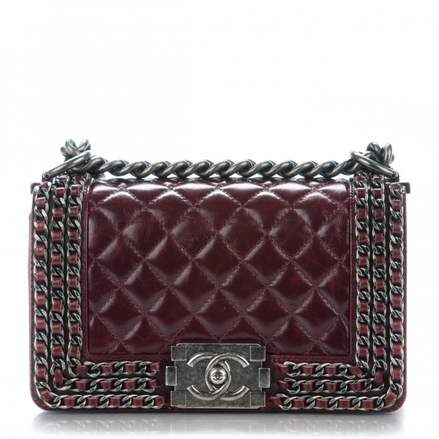 Glazed Calfskin Quilted Small Boy Chained Flap Burgundy