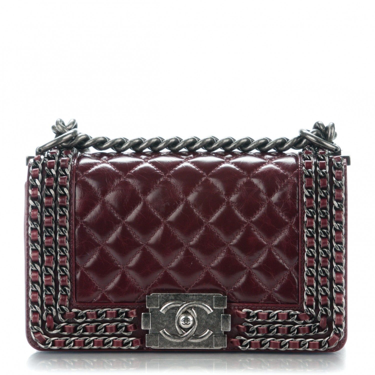 Chanel Glazed Calfskin Quilted Small Boy Chained Flap Burgundy 1 of 7