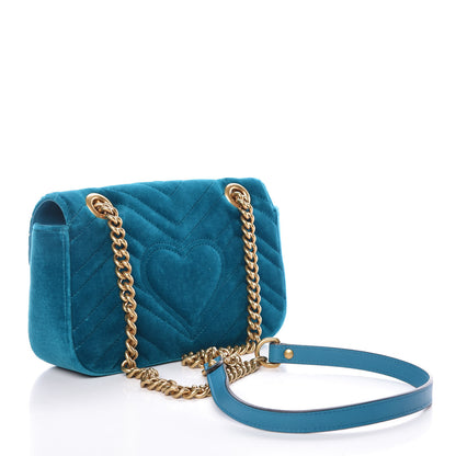 Gucci Velvet Matelasse Embroidered Mini GG Marmont Shoulder Bag Pavone Cyan 3 of 12