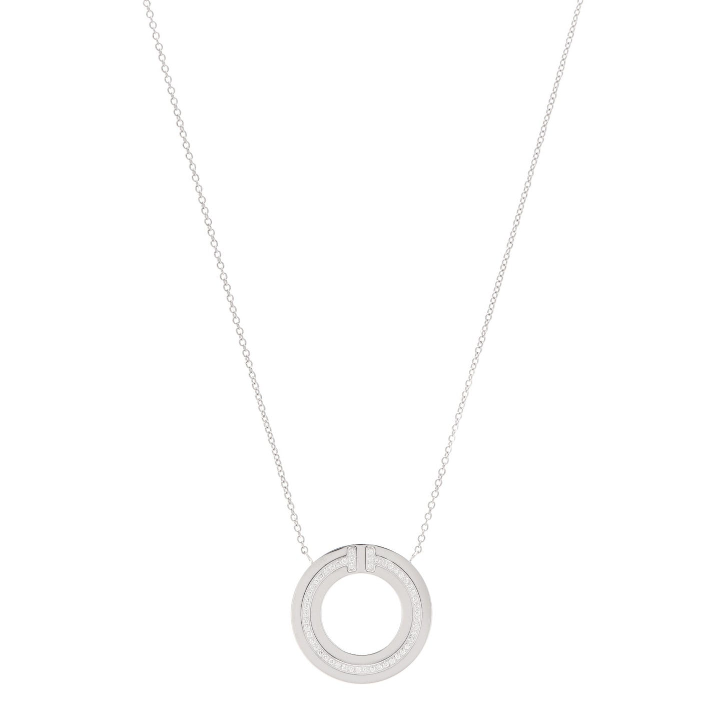 18K White Gold Diamond T Circle Pendant Necklace