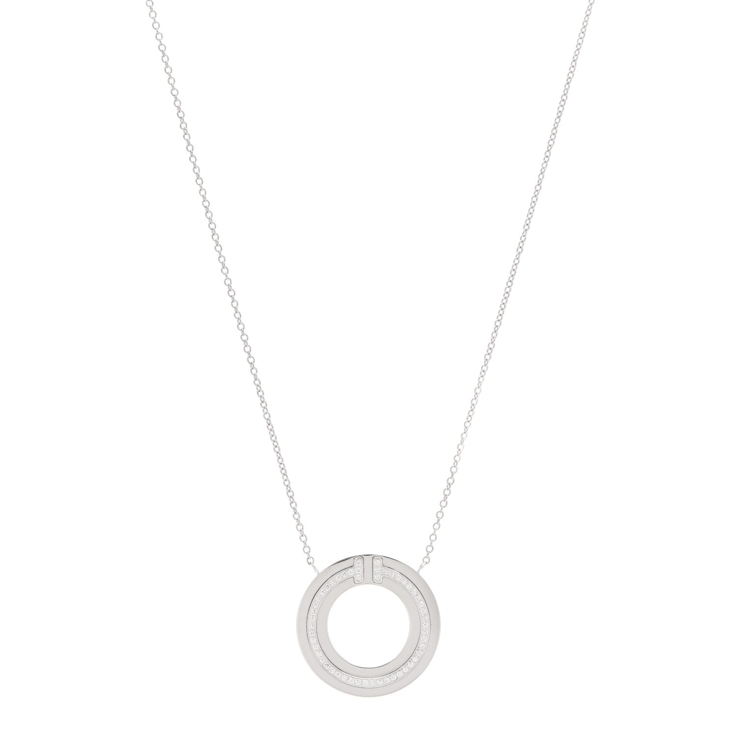 Tiffany 18K White Gold Diamond T Circle Pendant Necklace 1 of 5