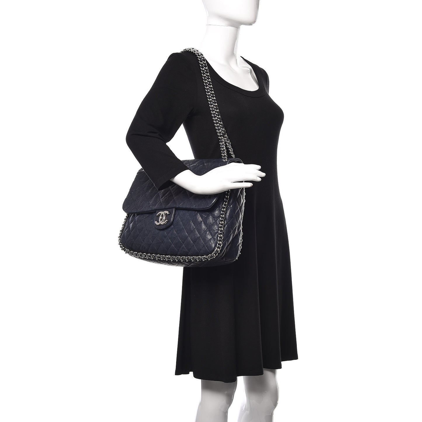 Washed Lambskin Quilted Chain Around Maxi Flap Dark Navy Blue