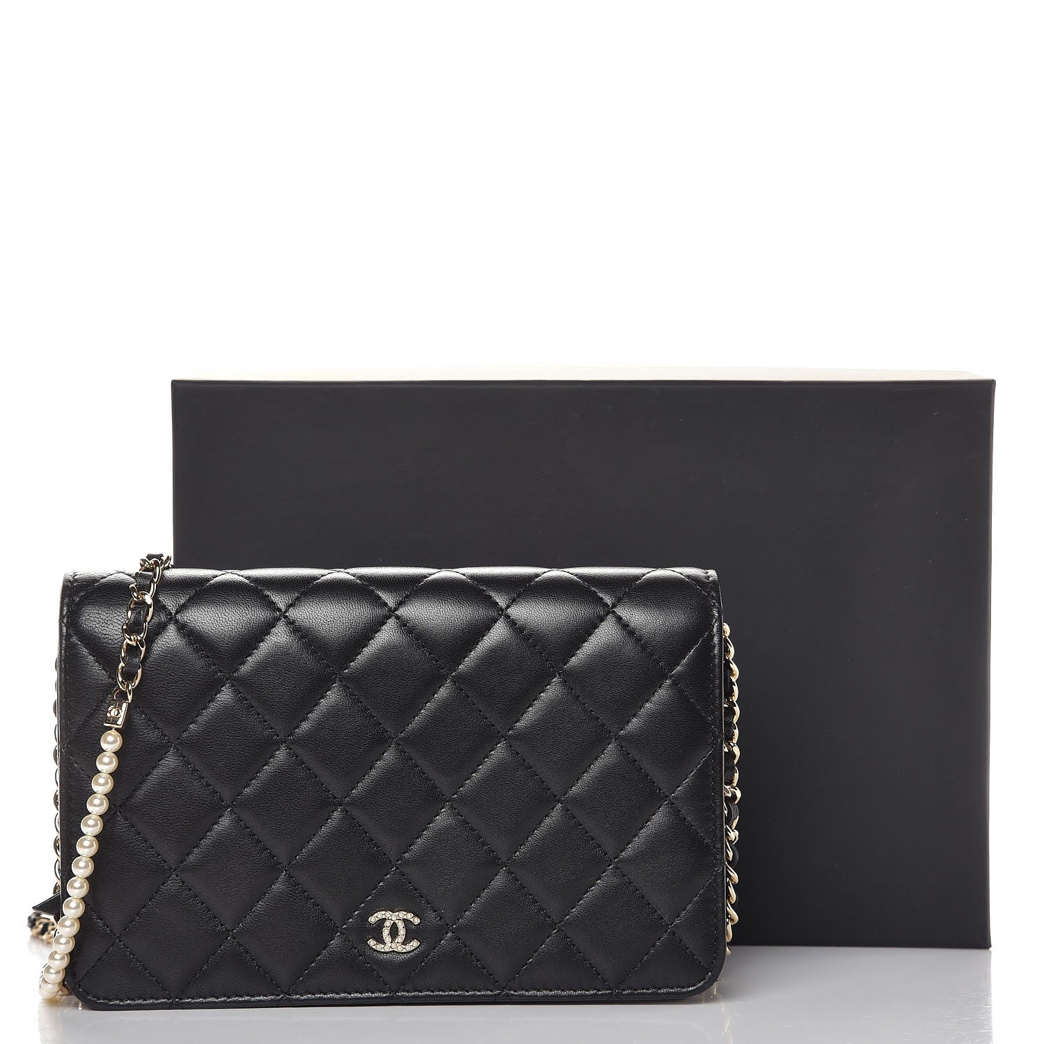 Chanel Lambskin Quilted Pearl Wallet On Chain WOC Black 12 of 12