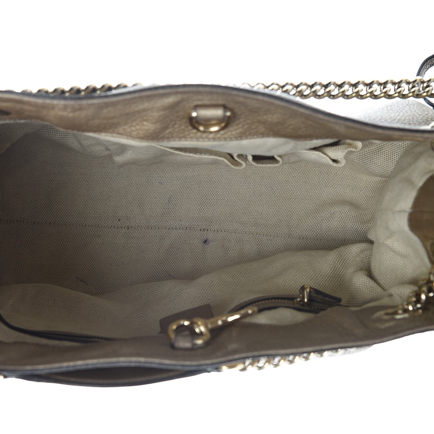 Metallic Pebbled Calfskin Medium Soho Chain Shoulder Bag Golden Beige