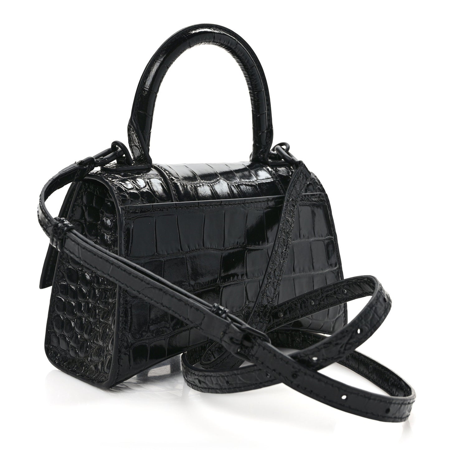 Shiny Calfskin Monochrome Crocodile Embossed Hourglass Top Handle Bag XS Black
