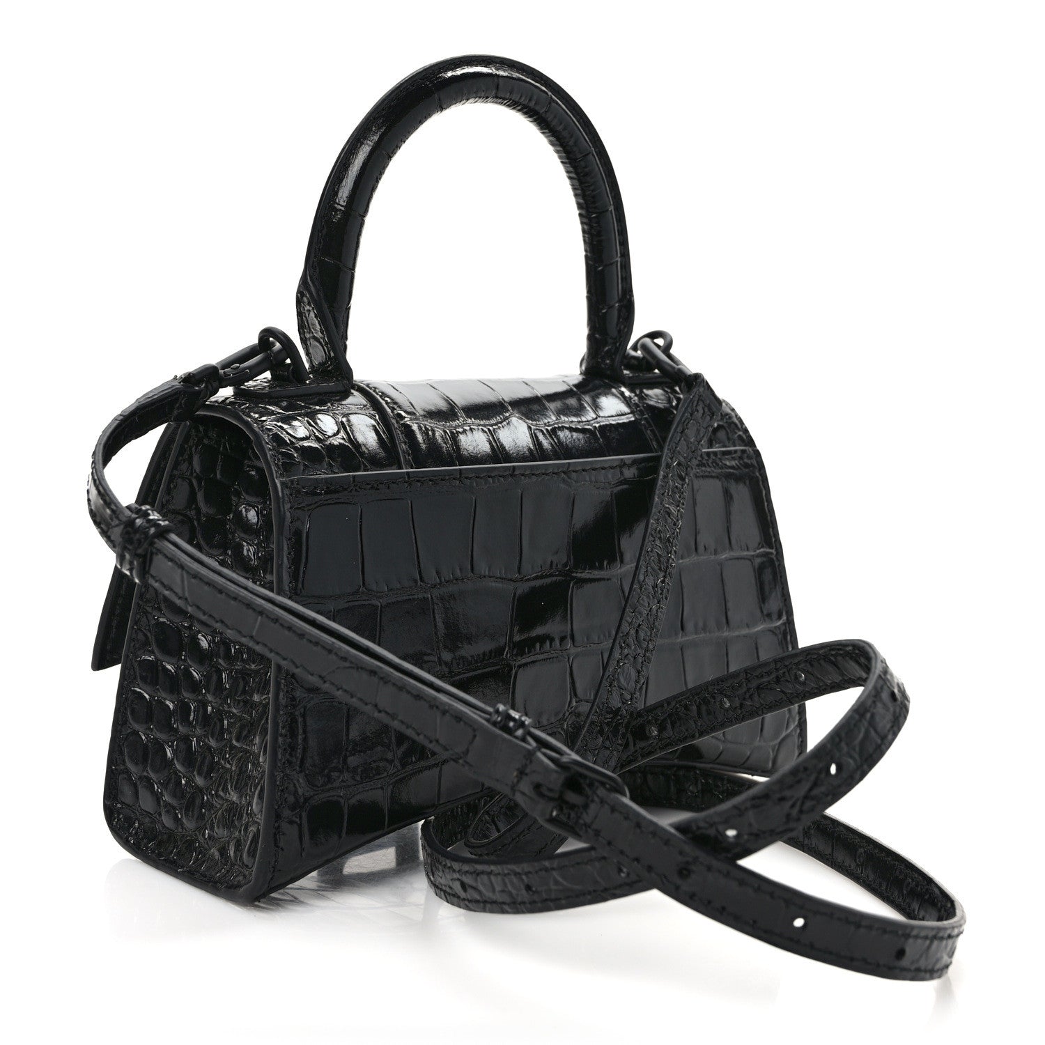 Balenciaga Shiny Calfskin Monochrome Crocodile Embossed Hourglass Top Handle Bag XS Black 3 of 8