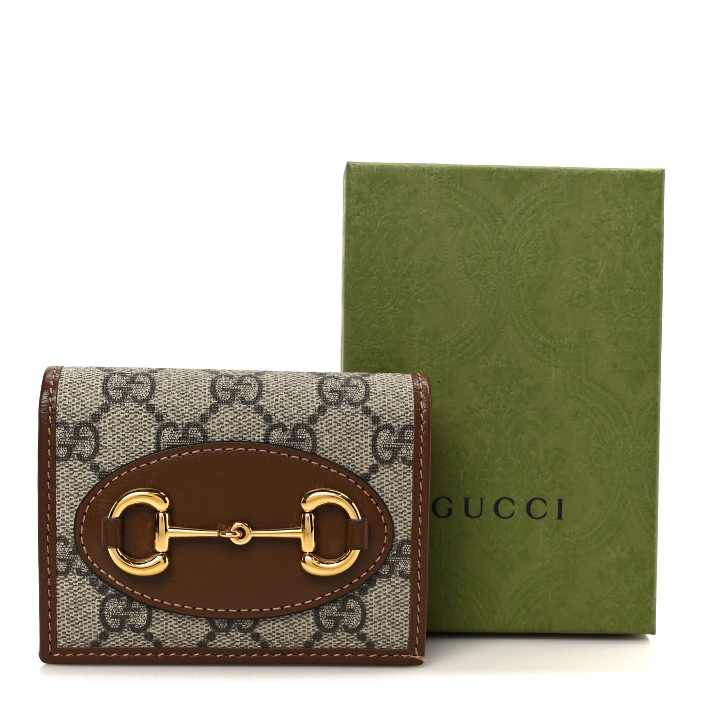 GG Supreme Monogram Horsebit 1955 Card Case Wallet Beige Ebony Brown Sugar