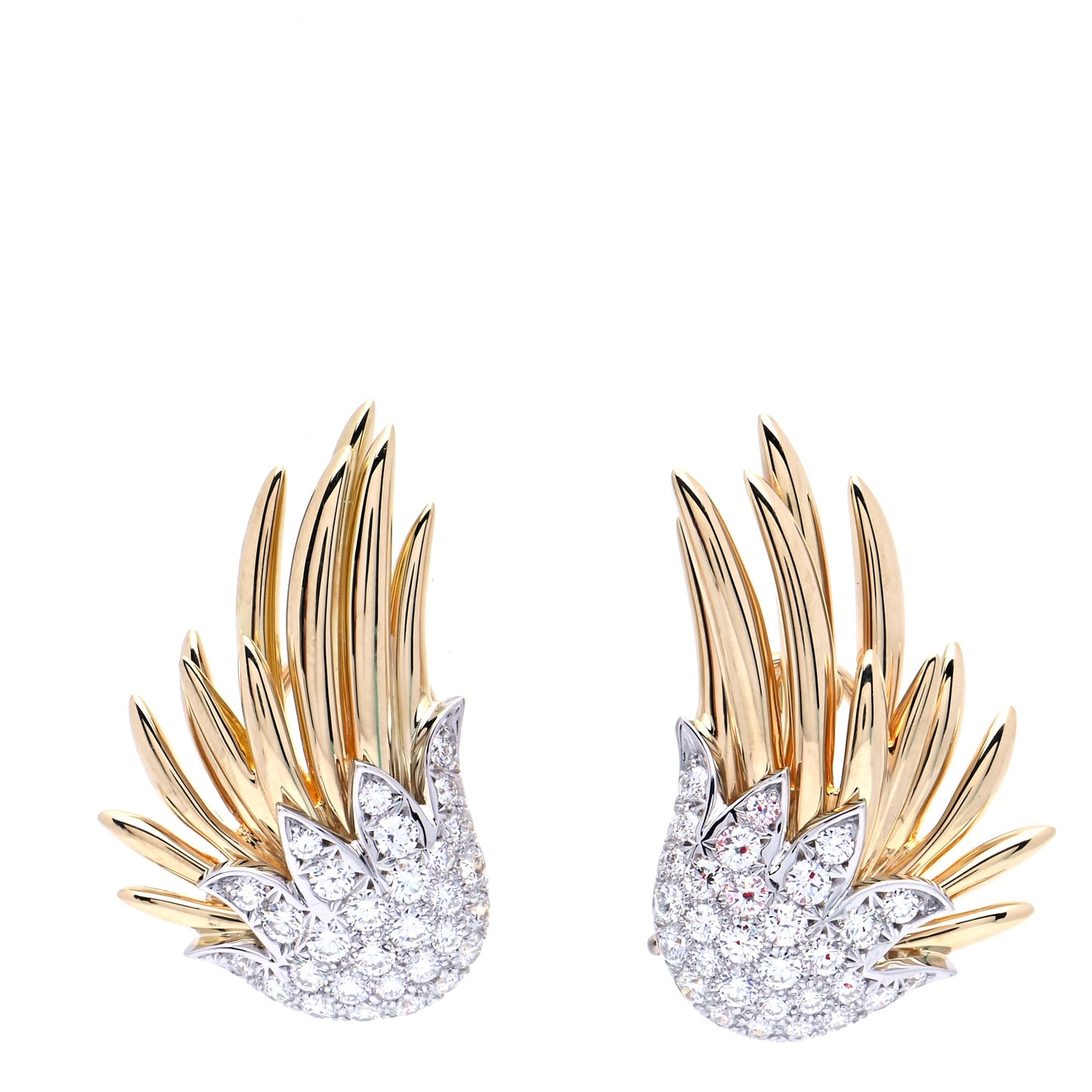 18K Yellow Gold Platinum Diamond Schlumberger Flame Earrings