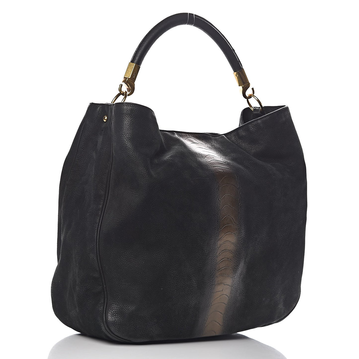 Nubuck Crocodile Embossed Large Roady Hobo Black Gold