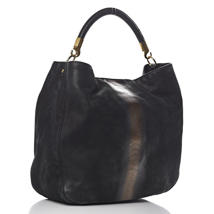 Saint Laurent Nubuck Crocodile Embossed Large Roady Hobo Black Gold 3 of 12