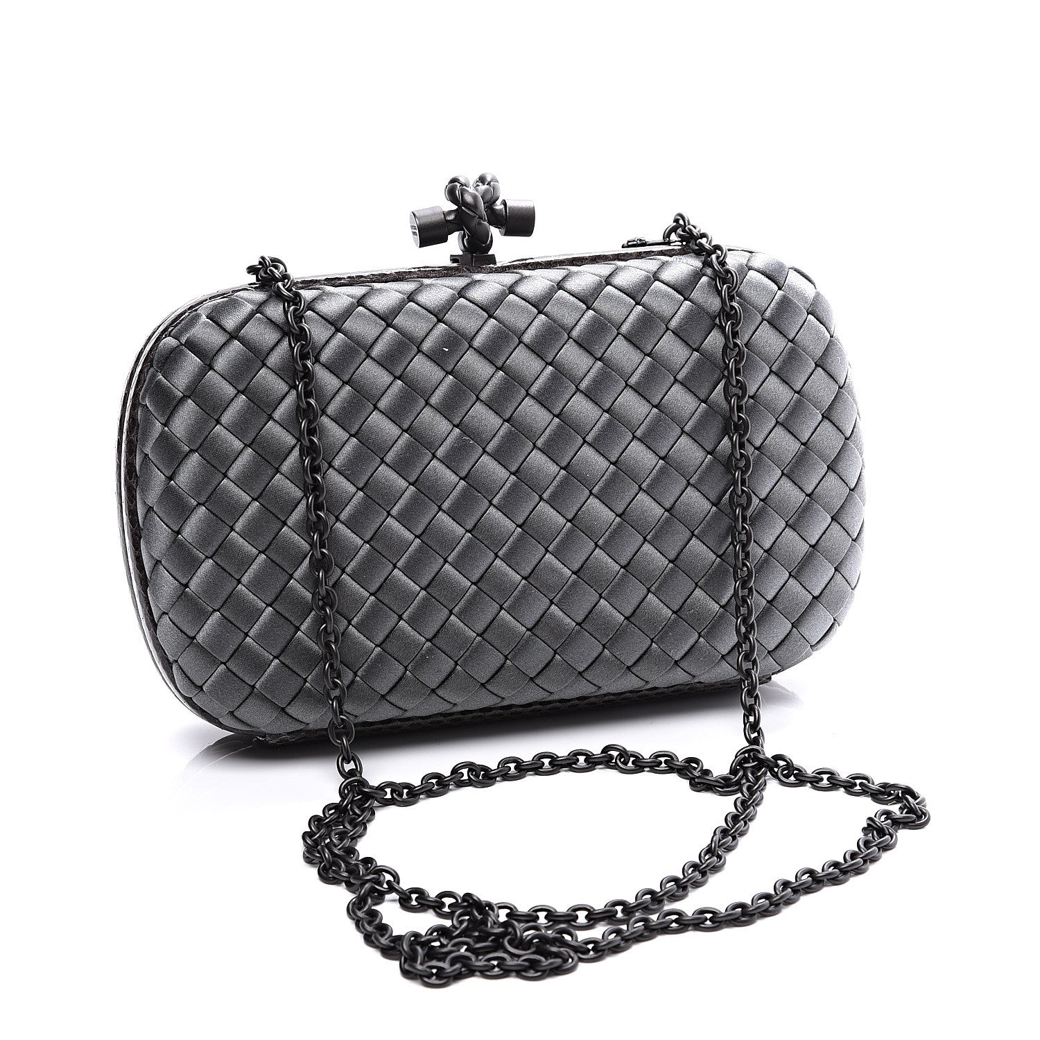 Bottega Veneta Satin Ayers Intrecciato Chain Knot Clutch Grey 2 of 8