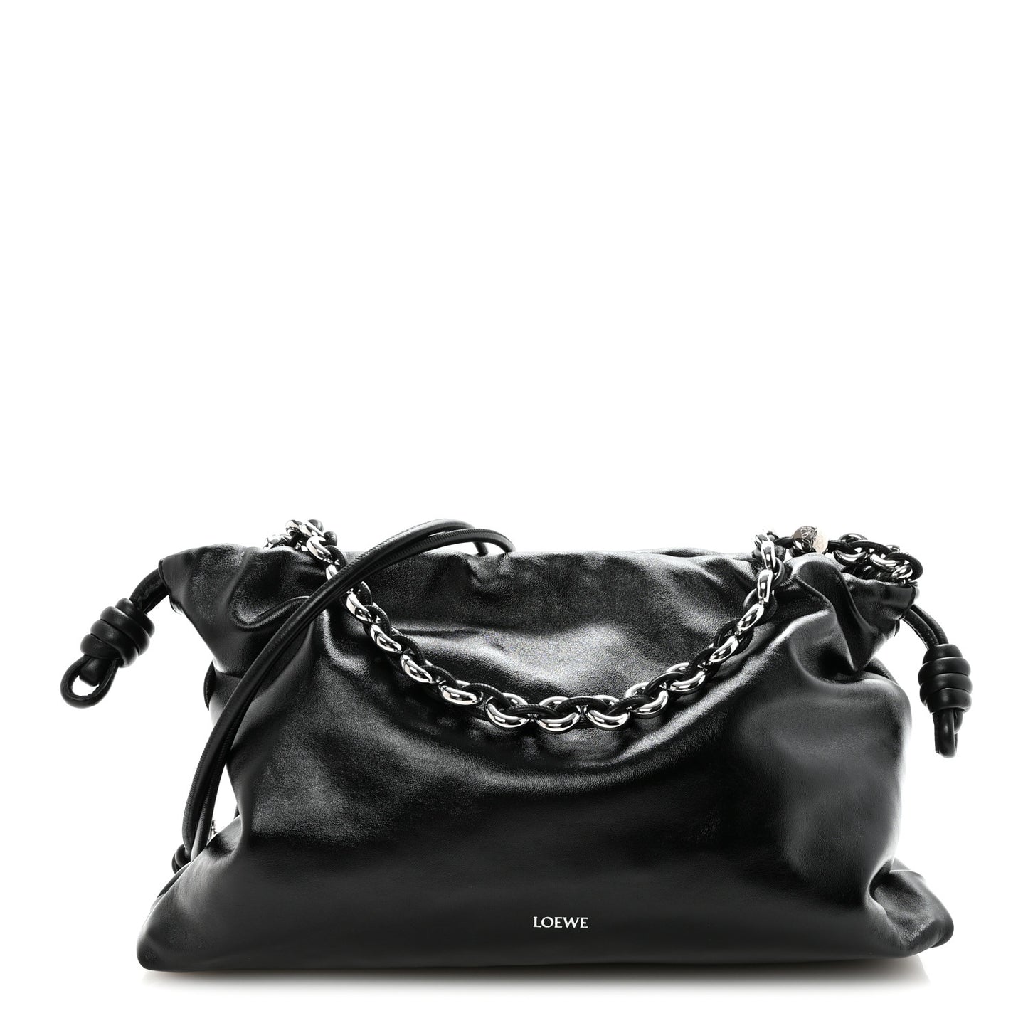 Patent Lambskin Donut Chain Large Flamenco Knot Clutch Black