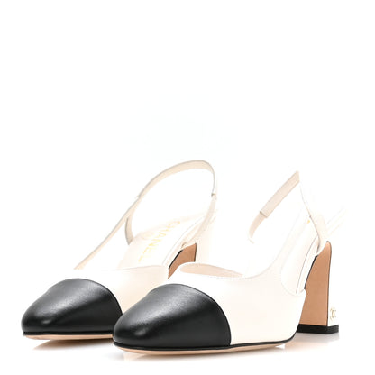 Chanel Lambskin Grosgrain Cap Toe CC Slingback Pumps 37 White Black 4 of 8