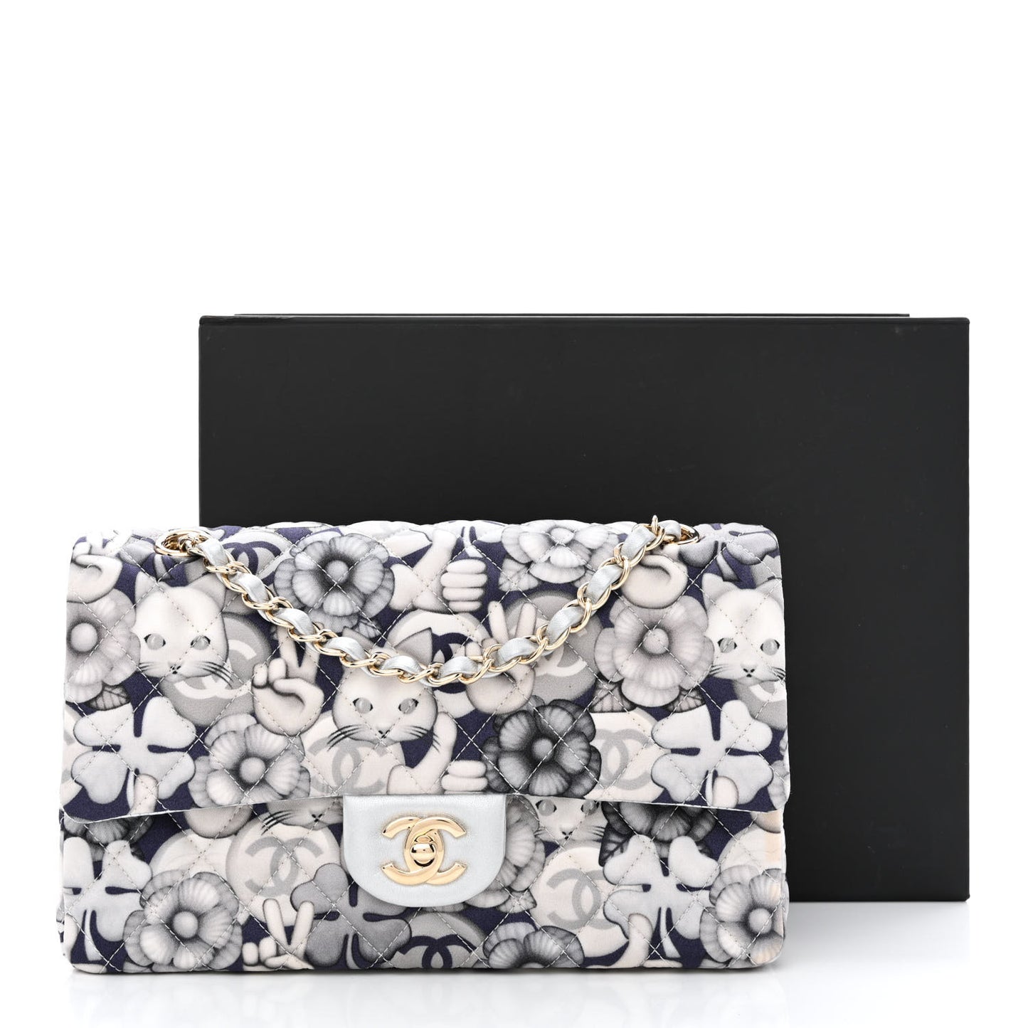 Nylon Quilted Medium Cat Emoticon Double Flap Navy Grey Ecru