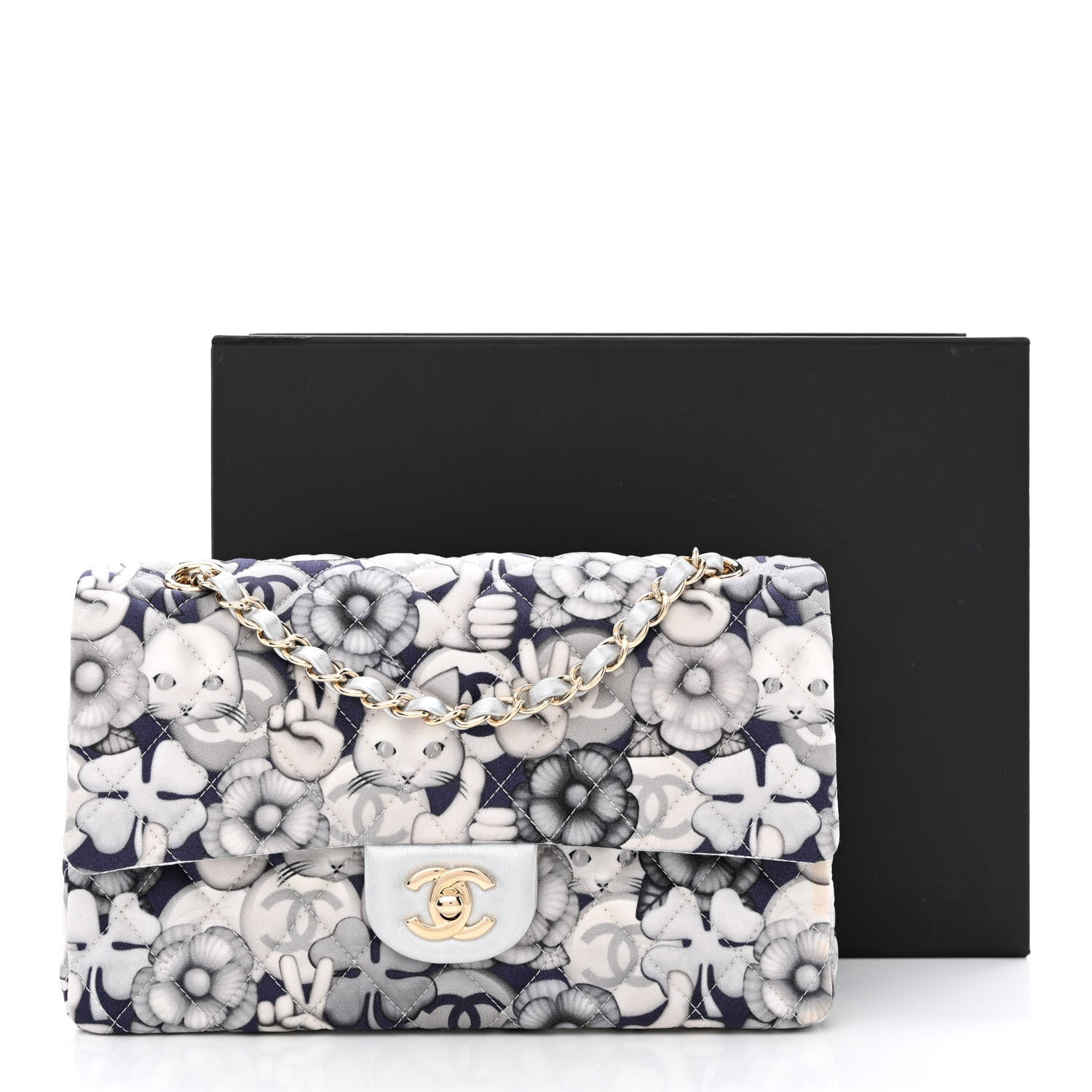 Chanel Nylon Quilted Medium Cat Emoticon Double Flap Navy Grey Ecru 12 of 12