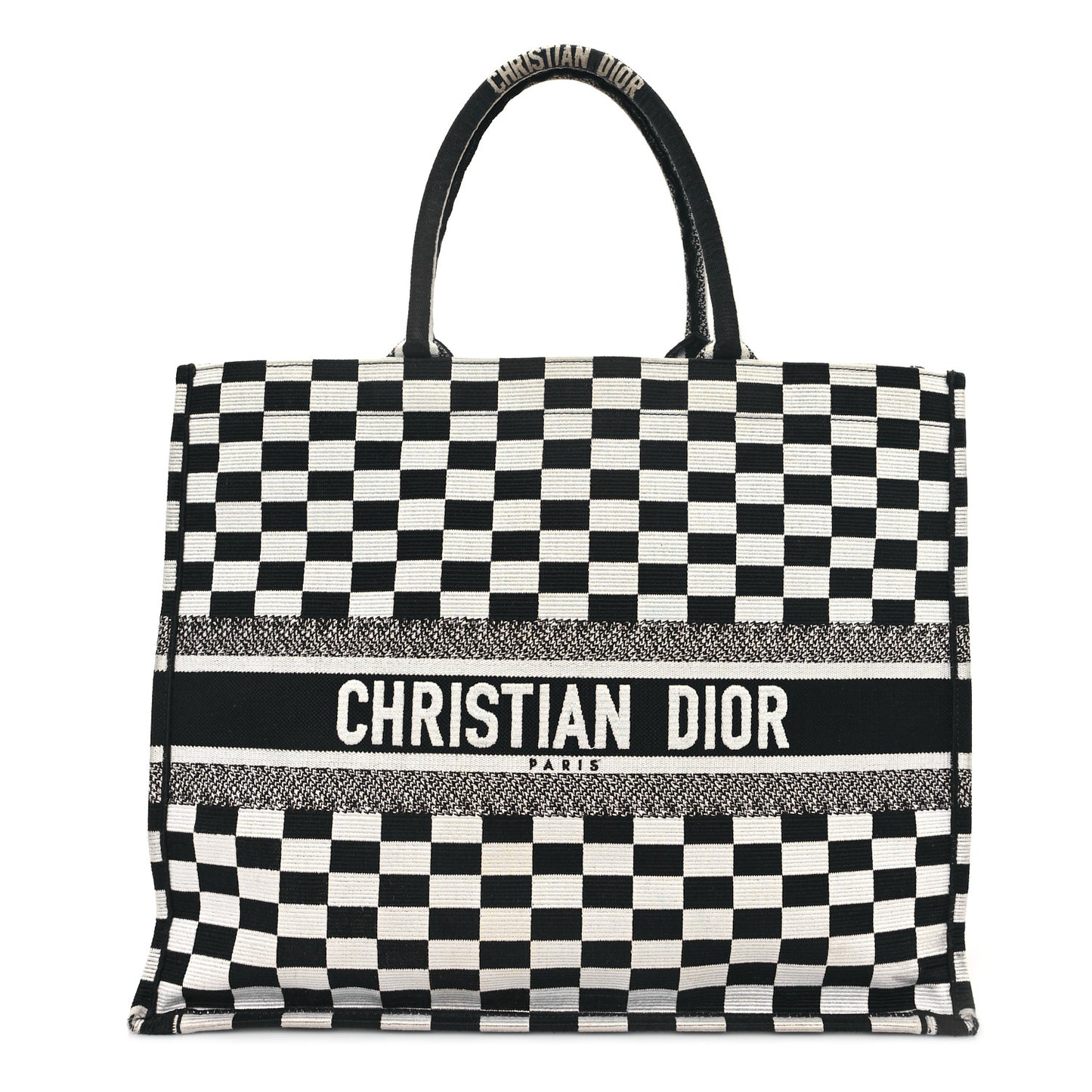 Canvas Embroidered Checkered Book Tote Black White