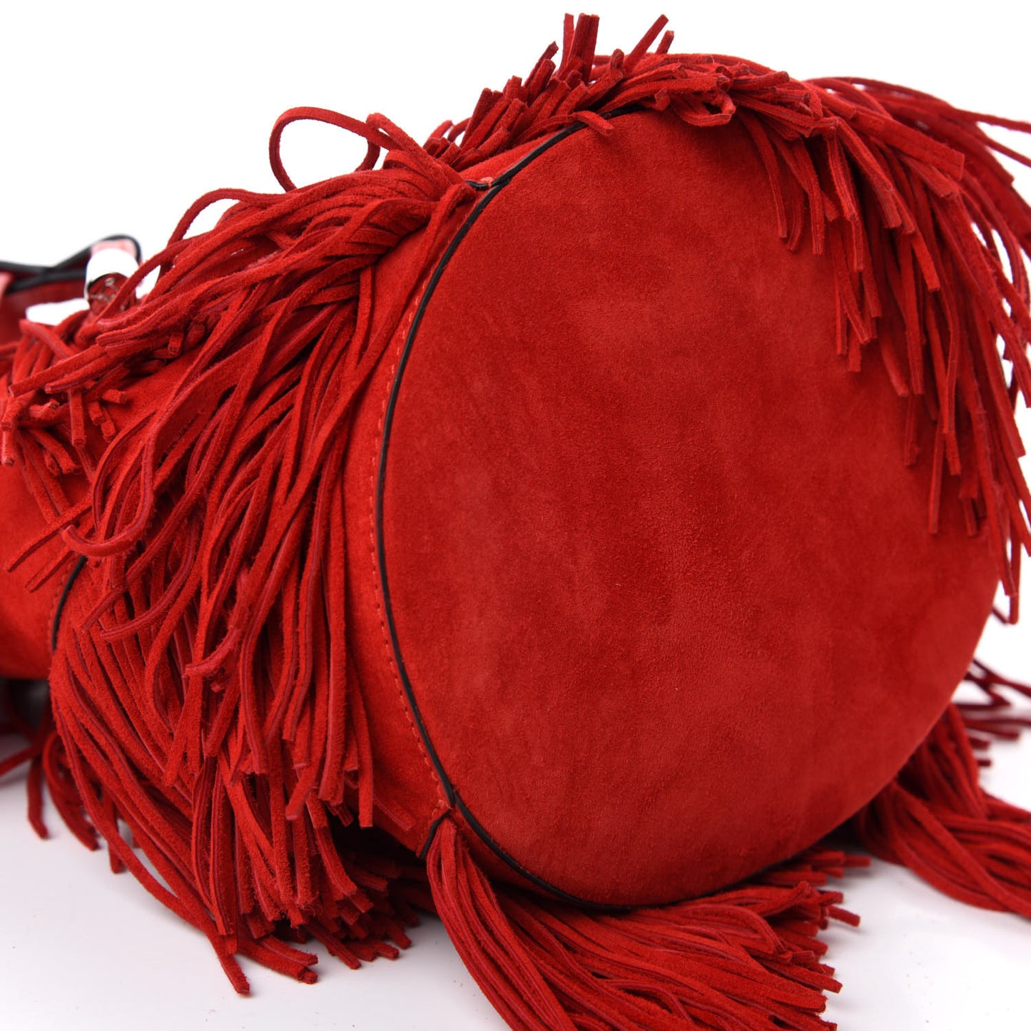 Suede Calfskin Fringe Marie Jane Bucket Red