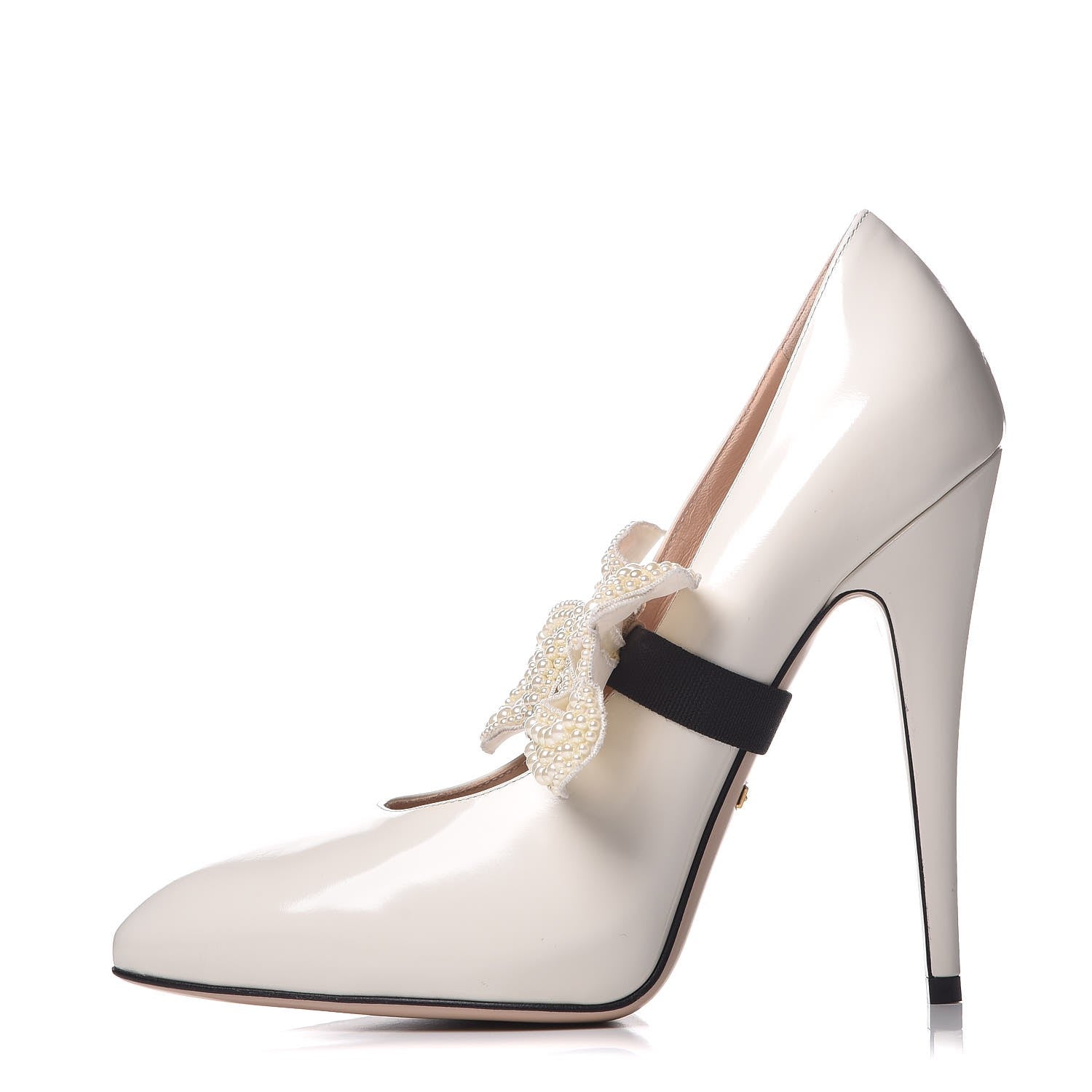 Gucci Polished Calfskin Removable Pearly Bow Elaisa Platform High Heel Pumps 37.5 White Magnolia 1 of 9