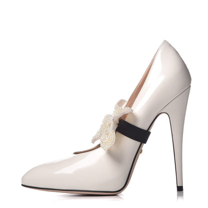 Gucci Polished Calfskin Removable Pearly Bow Elaisa Platform High Heel Pumps 37.5 White Magnolia 1 of 9