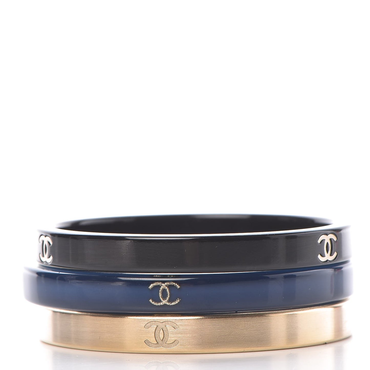 Resin Metal CC Bangle Bracelet Set of 3 Black Navy Gold
