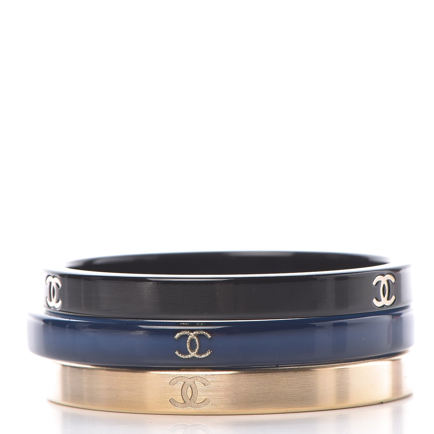 Chanel Resin Metal CC Bangle Bracelet Set of 3 Black Navy Gold 4 of 5