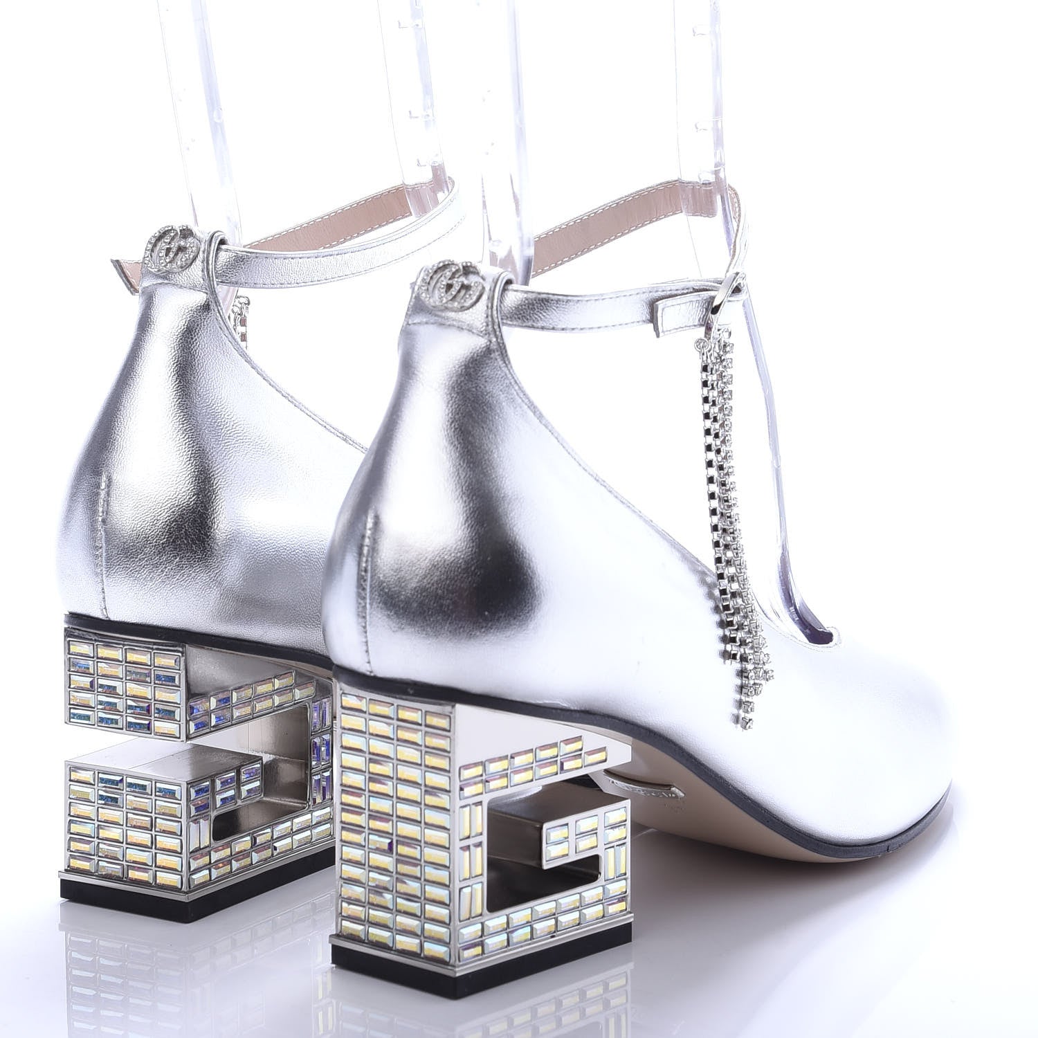 Gucci Metallic Nappa Crystal Square G Mid Heel Pumps 37 Silver 4 of 9
