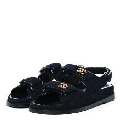 Chanel Velvet Velcro Dad Sandals 37.5 Navy Blue 3 of 12