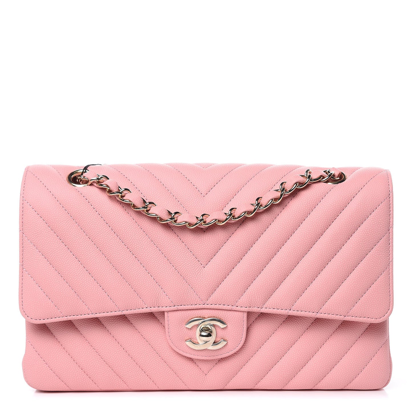 Caviar Chevron Quilted Medium Double Flap Pink
