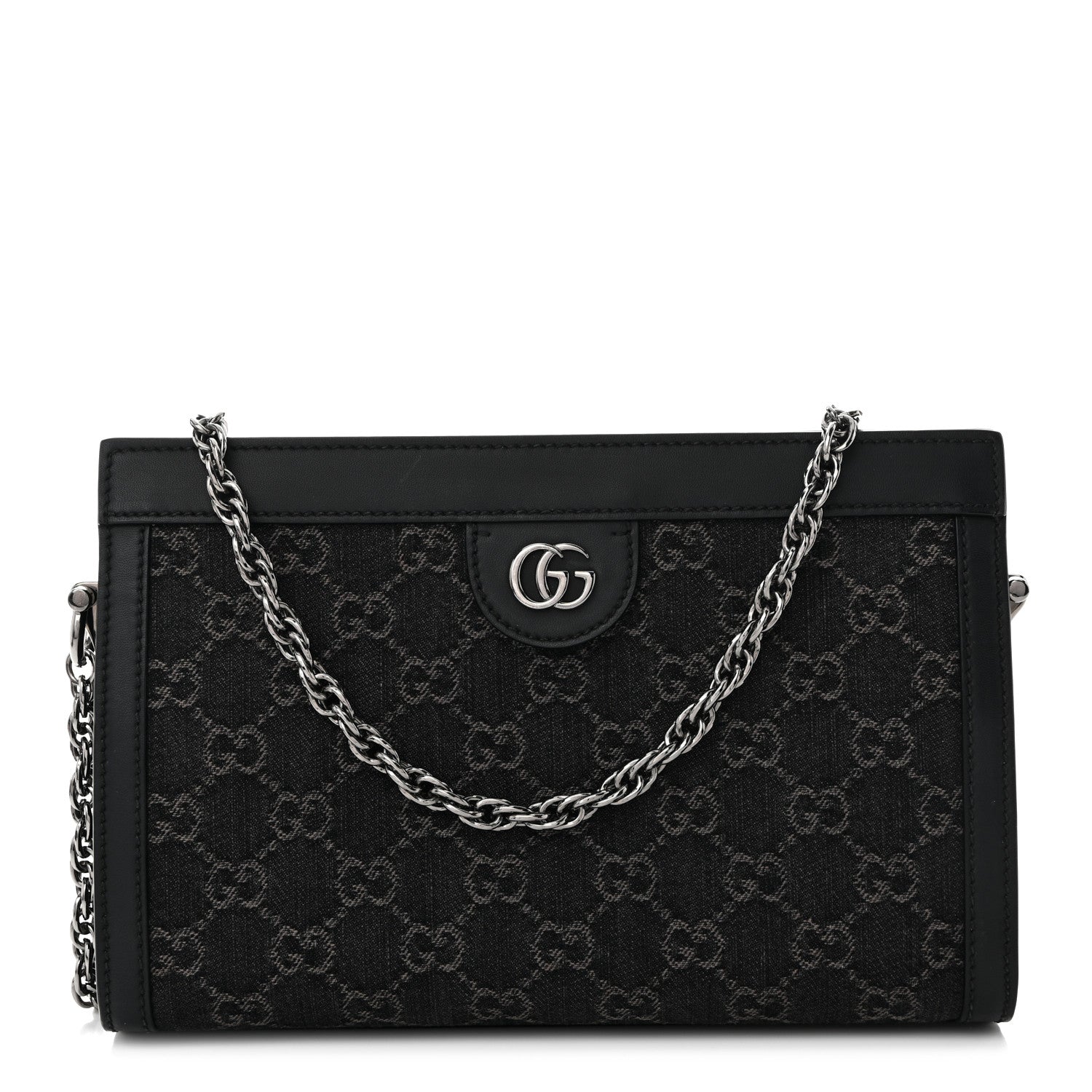 Gucci Jacquard Black Denim GG Monogram Chain Shoulder Bag Black Ivory 1 of 12