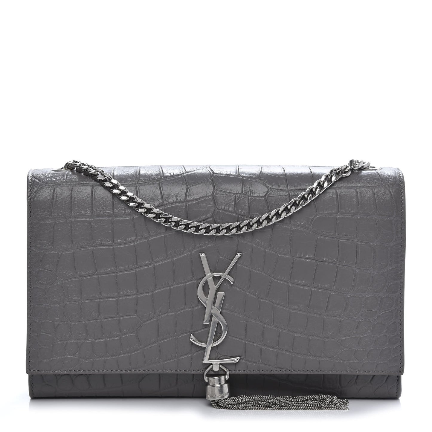 Calfskin Crocodile Embossed Medium Classic Monogram Kate Tassel Satchel Fog