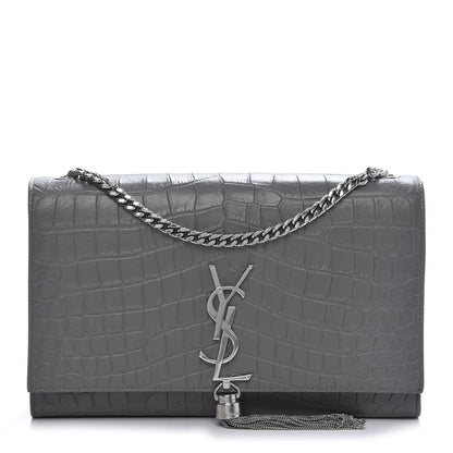 Saint Laurent Calfskin Crocodile Embossed Medium Classic Monogram Kate Tassel Satchel Fog 1 of 11