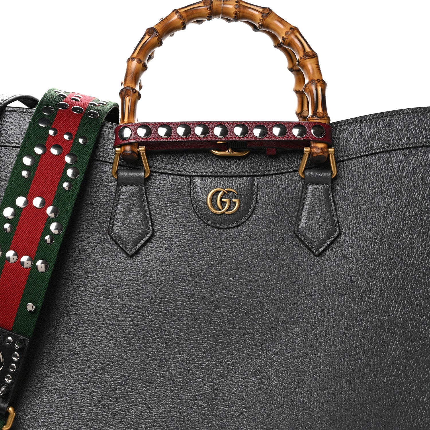 Gucci Textured Dollar Calfskin Web Studded Maxi Diana Tote Bag Graphite Grey 7 of 9