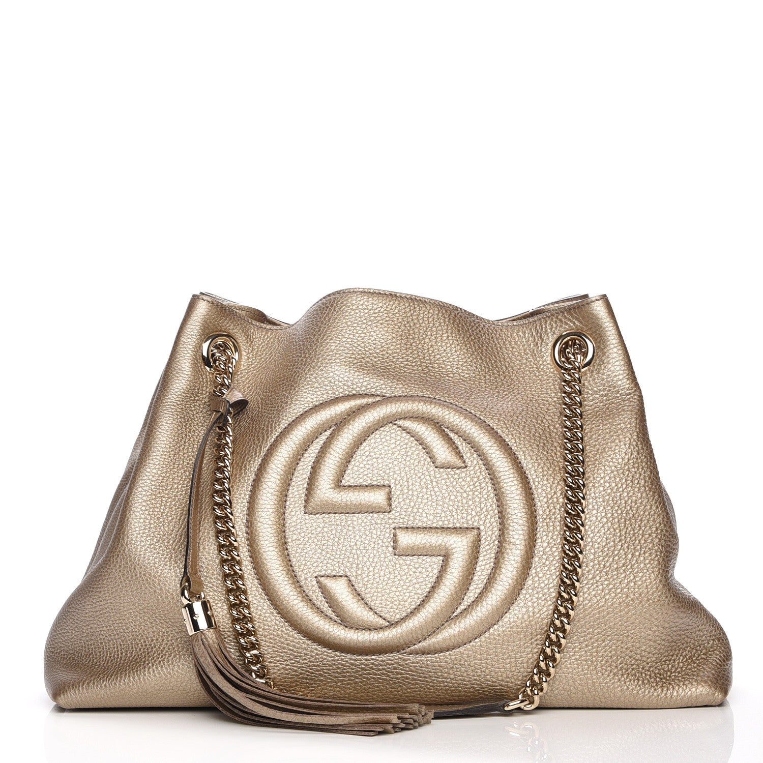 Gucci Metallic Pebbled Calfskin Medium Soho Chain Shoulder Bag Golden Beige 1 of 7