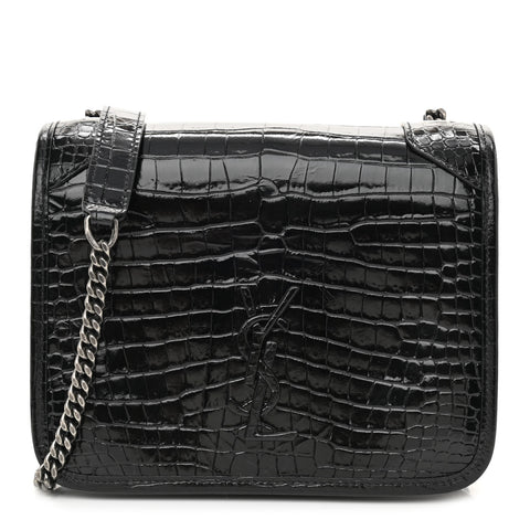 Crocodile Embossed Lambskin Matelasse Monogram Niki Chain Wallet Black
