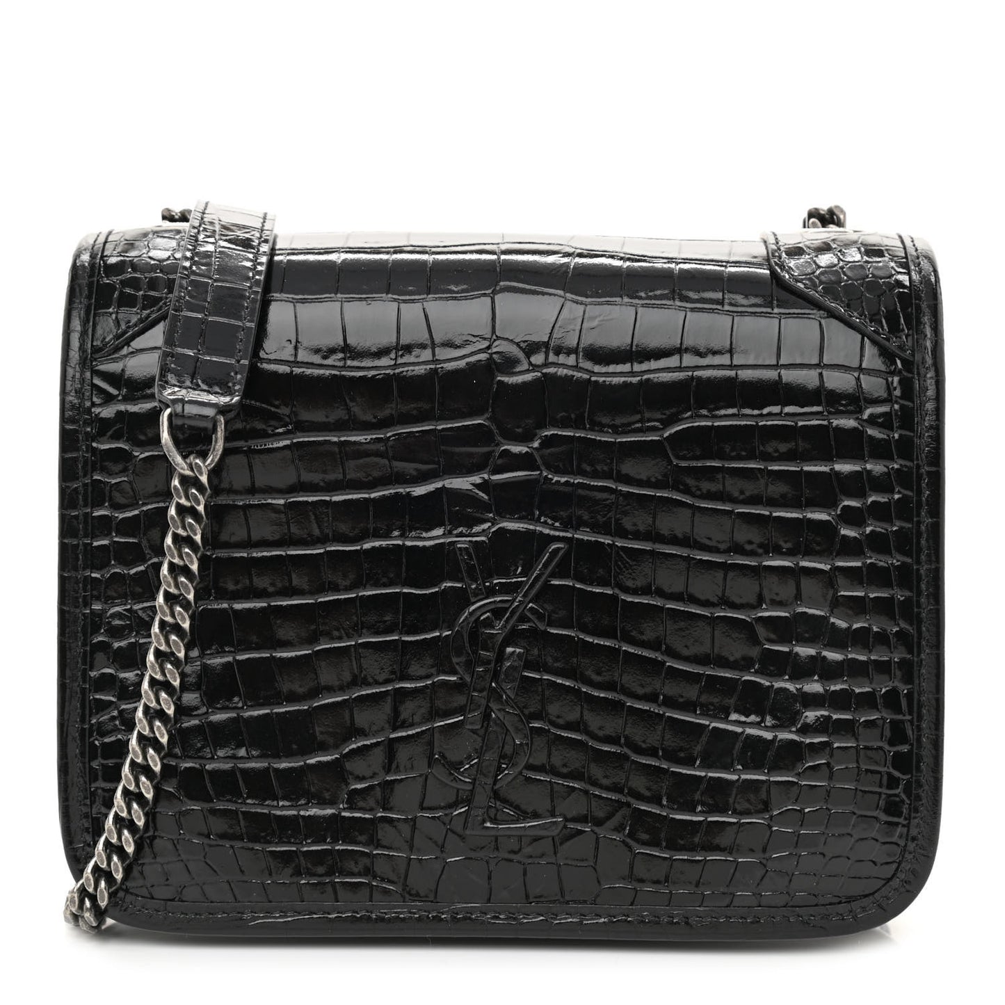 Crocodile Embossed Lambskin Matelasse Monogram Niki Chain Wallet Black