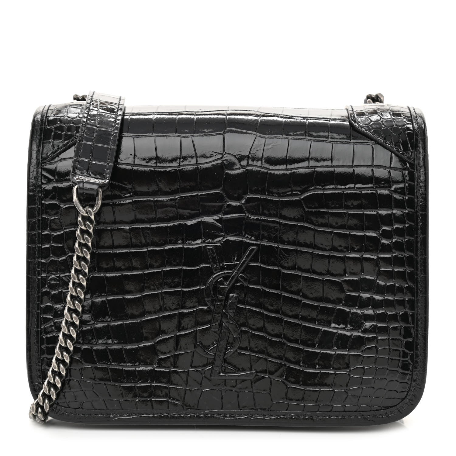 Saint Laurent Crocodile Embossed Lambskin Matelasse Monogram Niki Chain Wallet Black 1 of 8