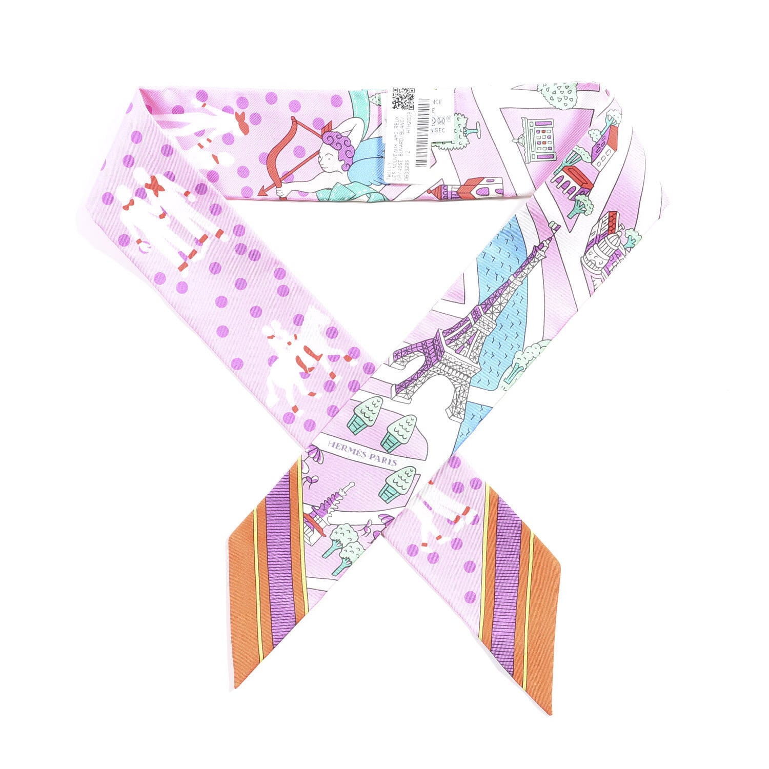 Hermes Silk Les Nouveaux Amoureux de Paris Twilly Rose Buvard White Vert 1 of 5