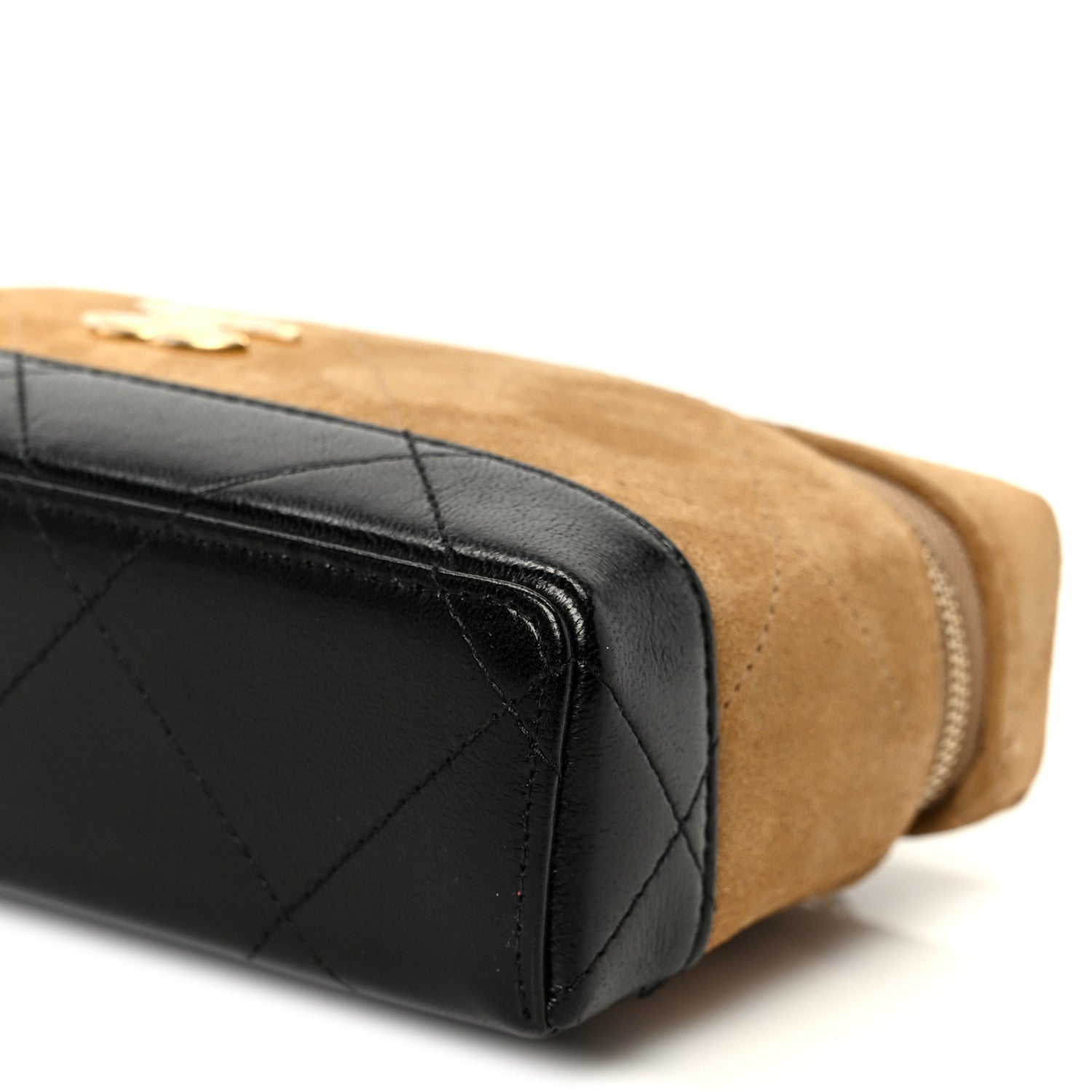 Chanel Suede Calfskin Shiny Lambskin Stitched Top Handle Slim Vanity Case With Chain Beige Black 10 of 10