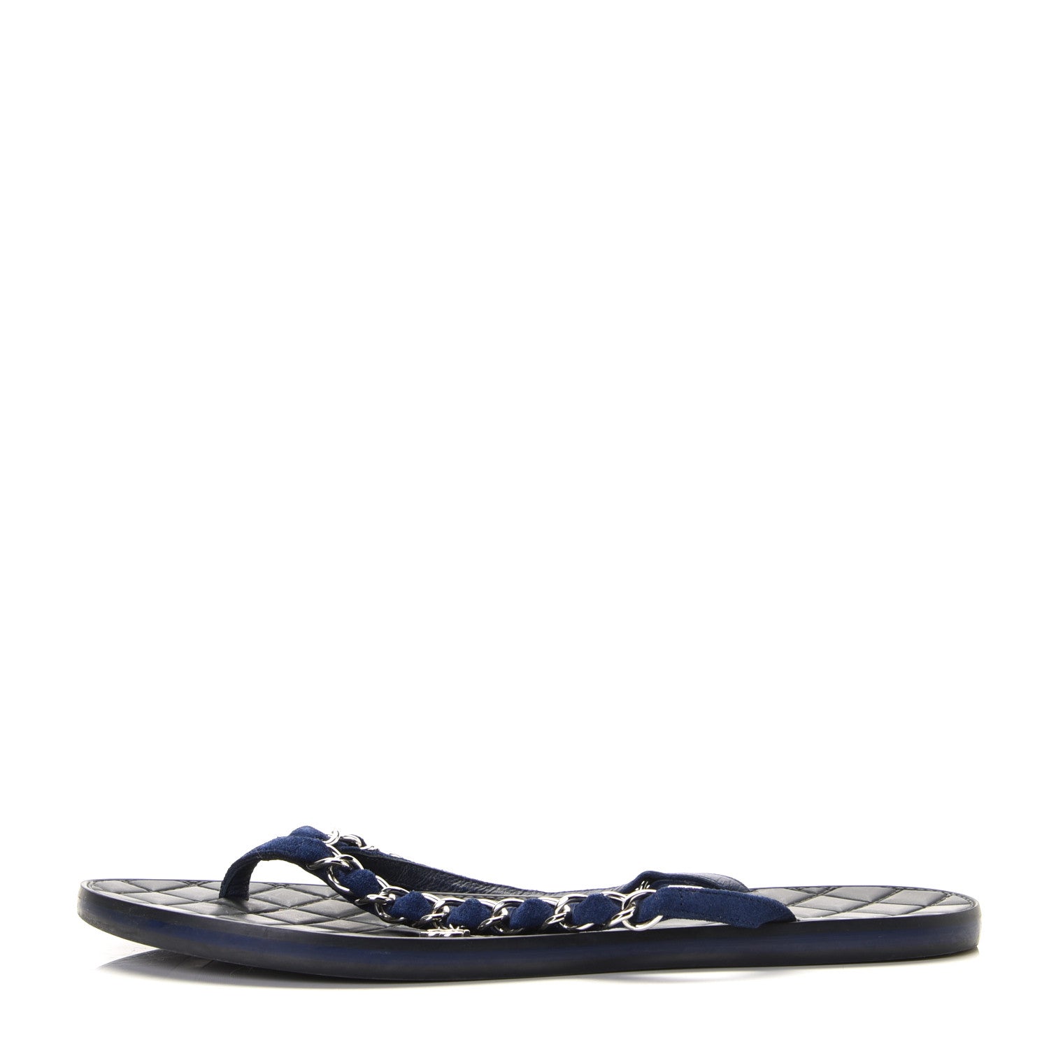 Chanel Suede Calfskin Quilted Chain Thong Sandals 38.5 Navy Blue 1 of 9