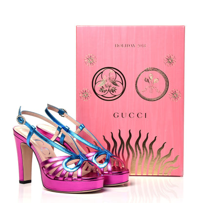 Gucci Metallic Nappa Crystal Zephyra Slingback Platform High Heel Sandals 36.5 Fuchsia Dark Turquoise 13 of 13