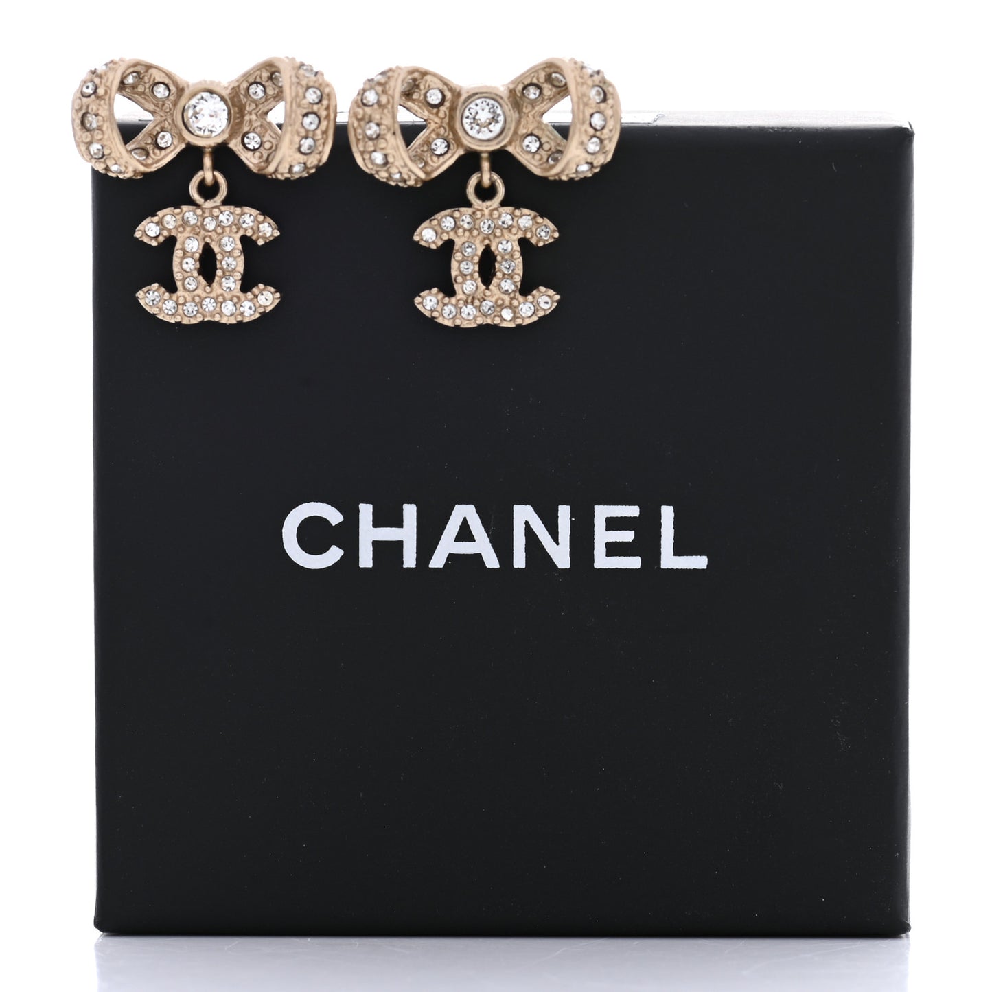 Crystal CC Bow Drop Earrings Gold